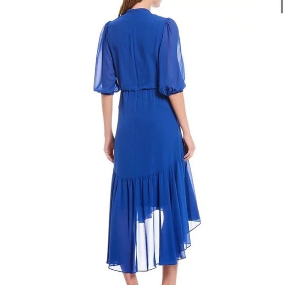 Taylor Elbow Sleeve V-Neck Waist Tie Solid High-Low A-line Chiffon Dress - Picture 2 of 13
